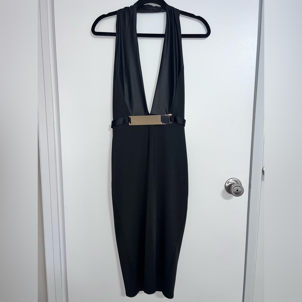 New Elegant Halter Black Plunge Dress - Picture 2 of 4